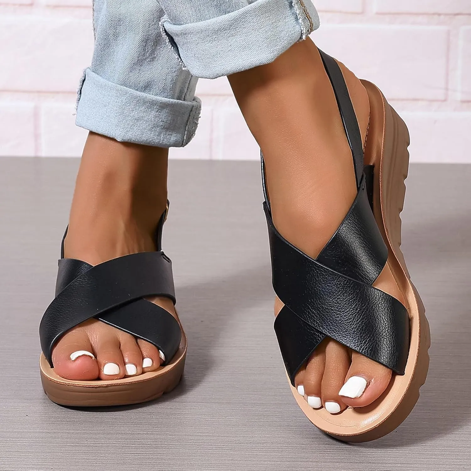 GUNIYIFS Women's Low Heel Wedge Sandals,Comfortable Casual Flatform Summer Dress Shoes Ankle Strap Buckle Beach Slide Sandals