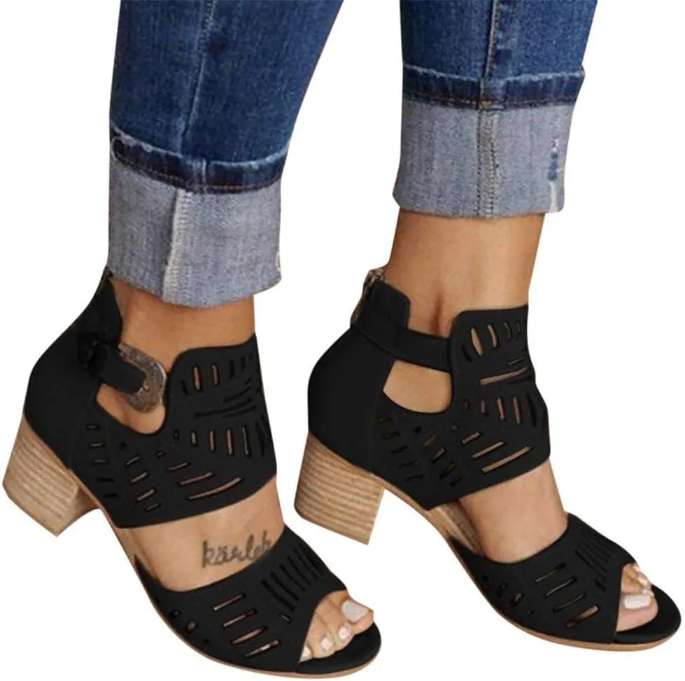 GUNIYIFS Womens Peep Toe Sandals High Heel Sandals Ankle Strap Sandals Hollow Out Chunky Low Heeled Cutout Stacked Heel Sandal