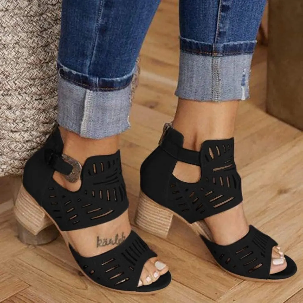 GUNIYIFS Womens Peep Toe Sandals High Heel Sandals Ankle Strap Sandals Hollow Out Chunky Low Heeled Cutout Stacked Heel Sandal