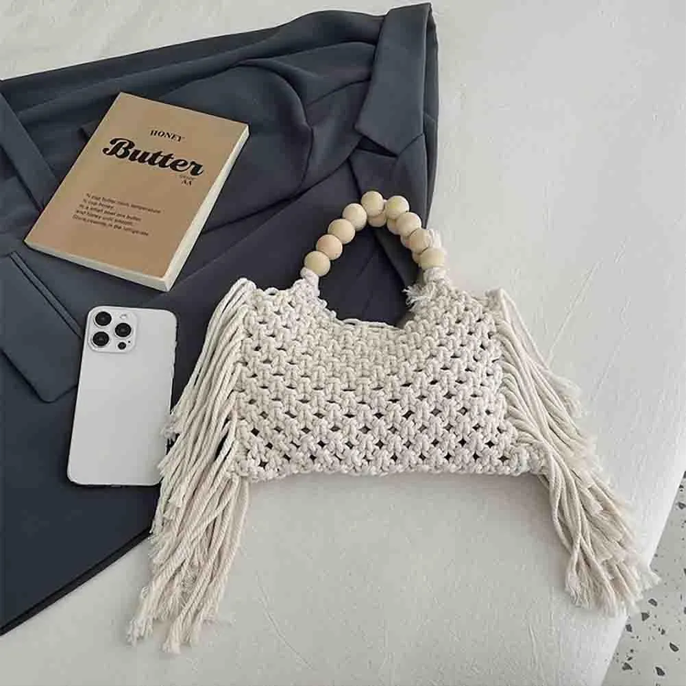 Hand-woven Cotton Rope Tassels Beach Handbag, Wooden Bead Hollow Out Knitting Purse, Women's Straw Crochet Bohemian Tote Bag