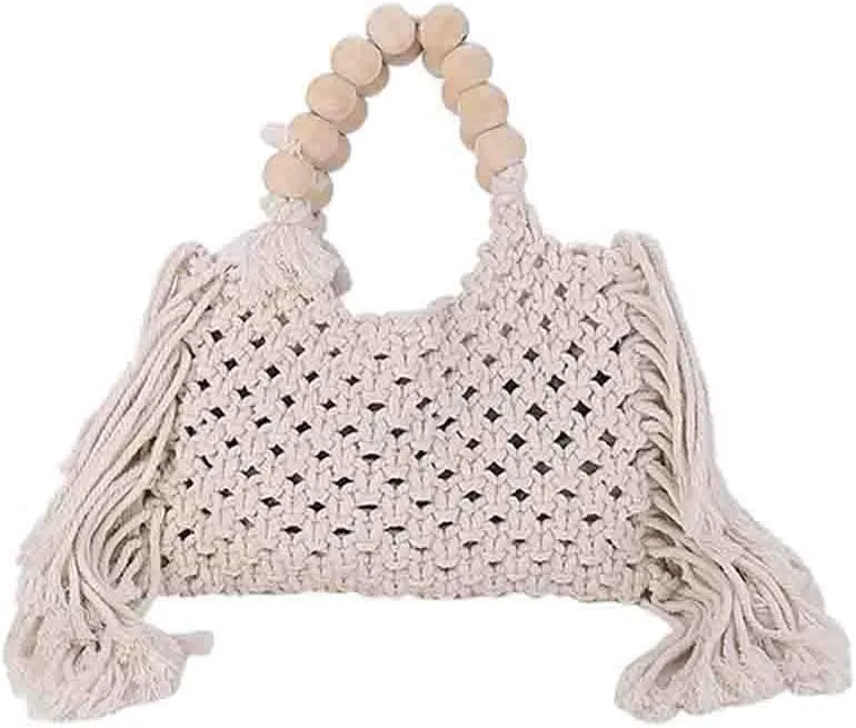 Hand-woven Cotton Rope Tassels Beach Handbag, Wooden Bead Hollow Out Knitting Purse, Women's Straw Crochet Bohemian Tote Bag