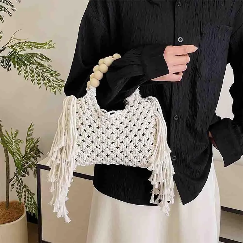 Hand-woven Cotton Rope Tassels Beach Handbag, Wooden Bead Hollow Out Knitting Purse, Women's Straw Crochet Bohemian Tote Bag
