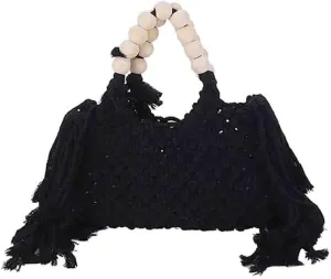 Hand-woven Cotton Rope Tassels Beach Handbag, Wooden Bead Hollow Out Knitting Purse, Women's Straw Crochet Bohemian Tote Bag