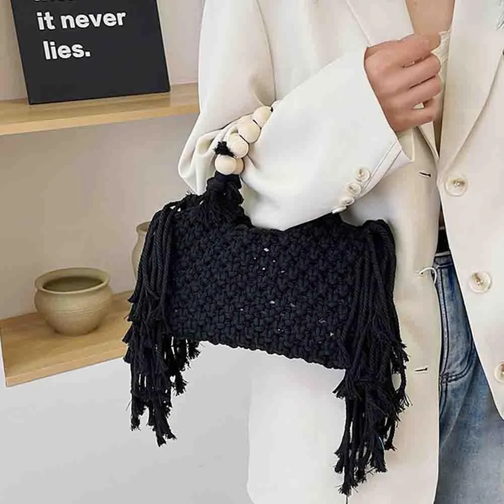 Hand-woven Cotton Rope Tassels Beach Handbag, Wooden Bead Hollow Out Knitting Purse, Women's Straw Crochet Bohemian Tote Bag