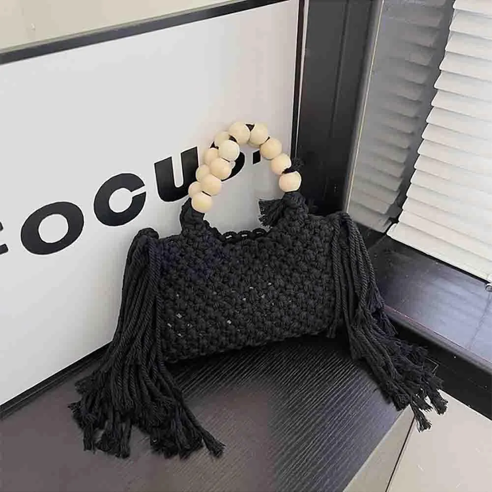 Hand-woven Cotton Rope Tassels Beach Handbag, Wooden Bead Hollow Out Knitting Purse, Women's Straw Crochet Bohemian Tote Bag