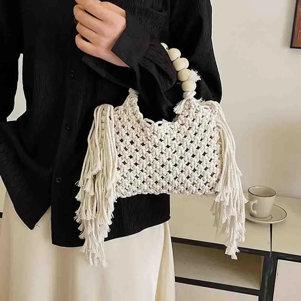 Hand-woven Cotton Rope Tassels Beach Handbag, Wooden Bead Hollow Out Knitting Purse, Women's Straw Crochet Bohemian Tote Bag