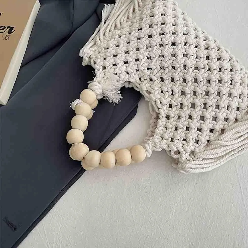 Hand-woven Cotton Rope Tassels Beach Handbag, Wooden Bead Hollow Out Knitting Purse, Women's Straw Crochet Bohemian Tote Bag