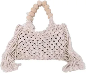 Hand-woven Cotton Rope Tassels Beach Handbag, Wooden Bead Hollow Out Knitting Purse, Women's Straw Crochet Bohemian Tote Bag