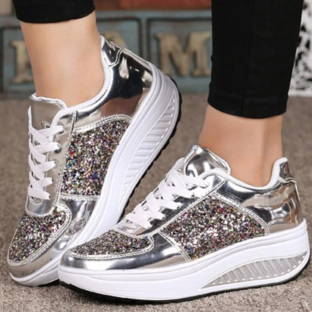 Hbeylia Platform Fashion Sneakers For Women Glitter Squin Leather Fashion Casual Chunky Bottom High Heels Low Top Canvas Shoes Casual Anti Skid Lace Up Leather Slip On Walking Loafers Work Shoes