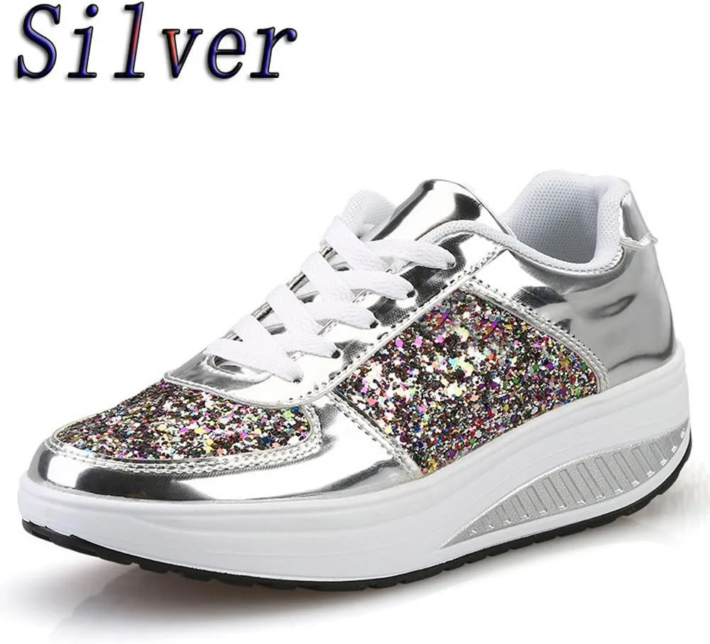 Hbeylia Platform Fashion Sneakers For Women Glitter Squin Leather Fashion Casual Chunky Bottom High Heels Low Top Canvas Shoes Casual Anti Skid Lace Up Leather Slip On Walking Loafers Work Shoes