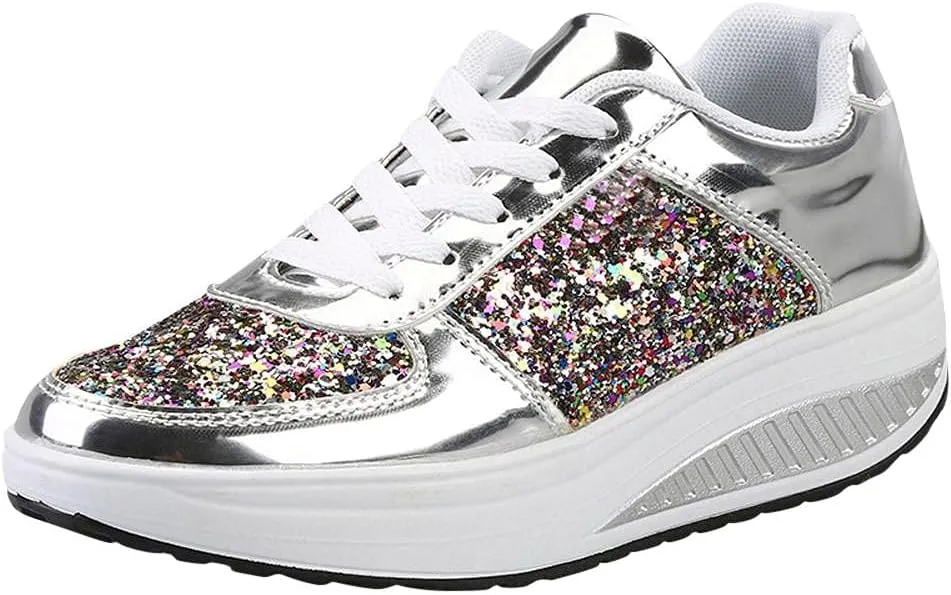Hbeylia Platform Fashion Sneakers For Women Glitter Squin Leather Fashion Casual Chunky Bottom High Heels Low Top Canvas Shoes Casual Anti Skid Lace Up Leather Slip On Walking Loafers Work Shoes