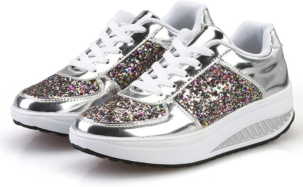 Hbeylia Platform Fashion Sneakers For Women Glitter Squin Leather Fashion Casual Chunky Bottom High Heels Low Top Canvas Shoes Casual Anti Skid Lace Up Leather Slip On Walking Loafers Work Shoes