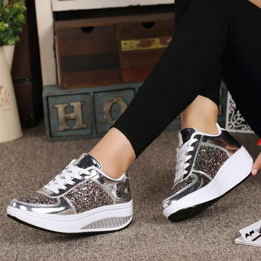Hbeylia Platform Fashion Sneakers For Women Glitter Squin Leather Fashion Casual Chunky Bottom High Heels Low Top Canvas Shoes Casual Anti Skid Lace Up Leather Slip On Walking Loafers Work Shoes