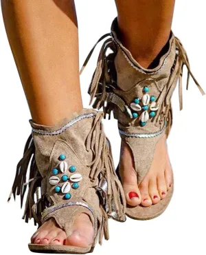 Hbeylia Sandals for Women Roman Retro Bohemian Bead Gladiator Fringe Tassel Casual Sandals Flat Clip Toe Ankle Boots T-Strap Summer Suede Tassel Flip Flop Flat Slippers