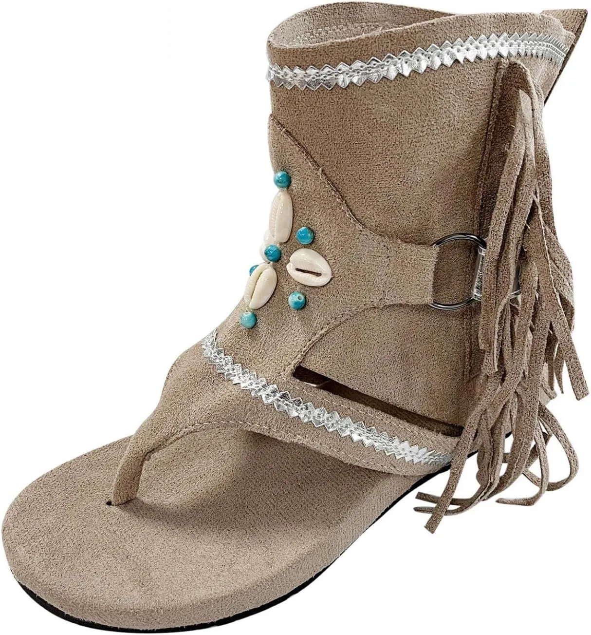 Hbeylia Sandals for Women Roman Retro Bohemian Bead Gladiator Fringe Tassel Casual Sandals Flat Clip Toe Ankle Boots T-Strap Summer Suede Tassel Flip Flop Flat Slippers