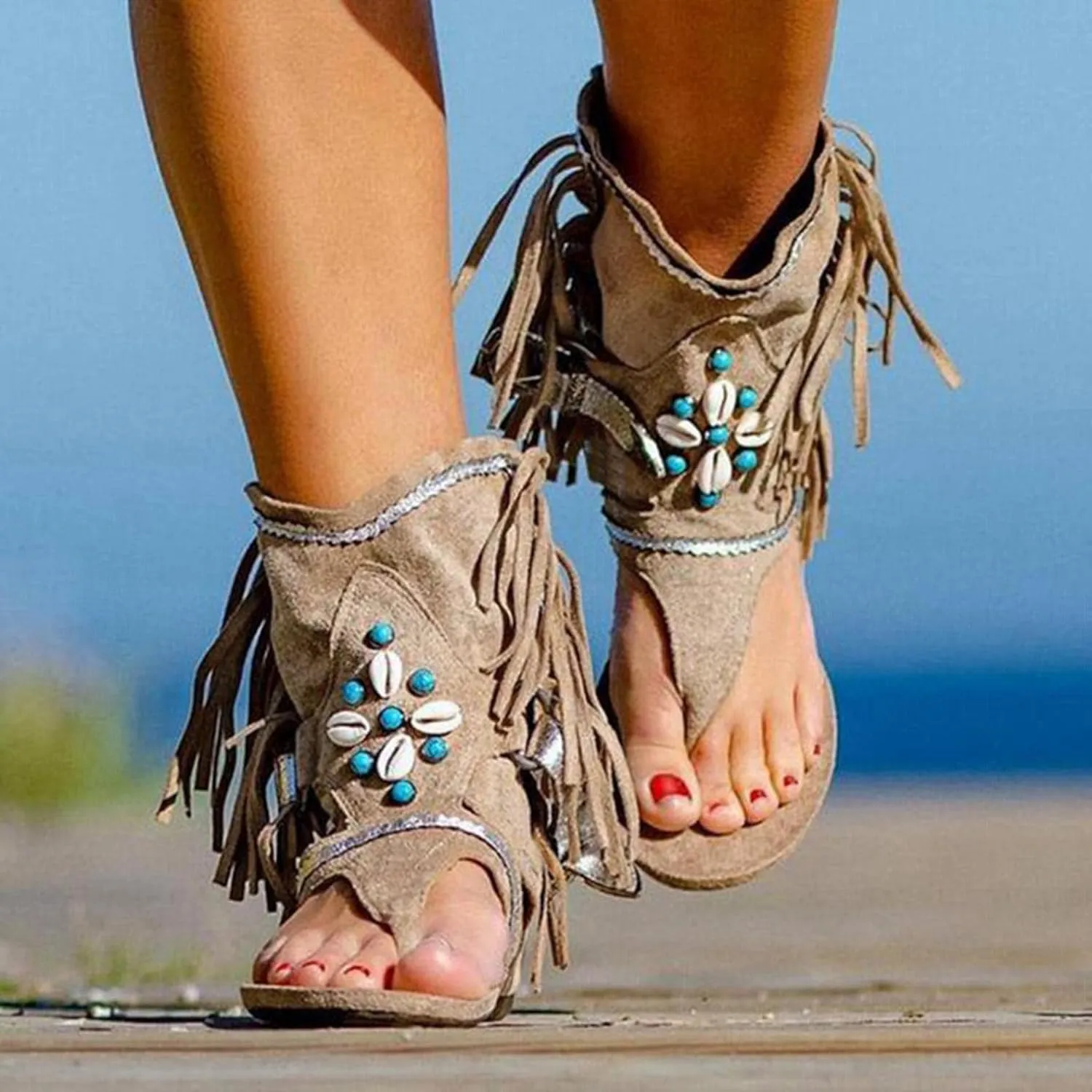 Hbeylia Sandals for Women Roman Retro Bohemian Bead Gladiator Fringe Tassel Casual Sandals Flat Clip Toe Ankle Boots T-Strap Summer Suede Tassel Flip Flop Flat Slippers