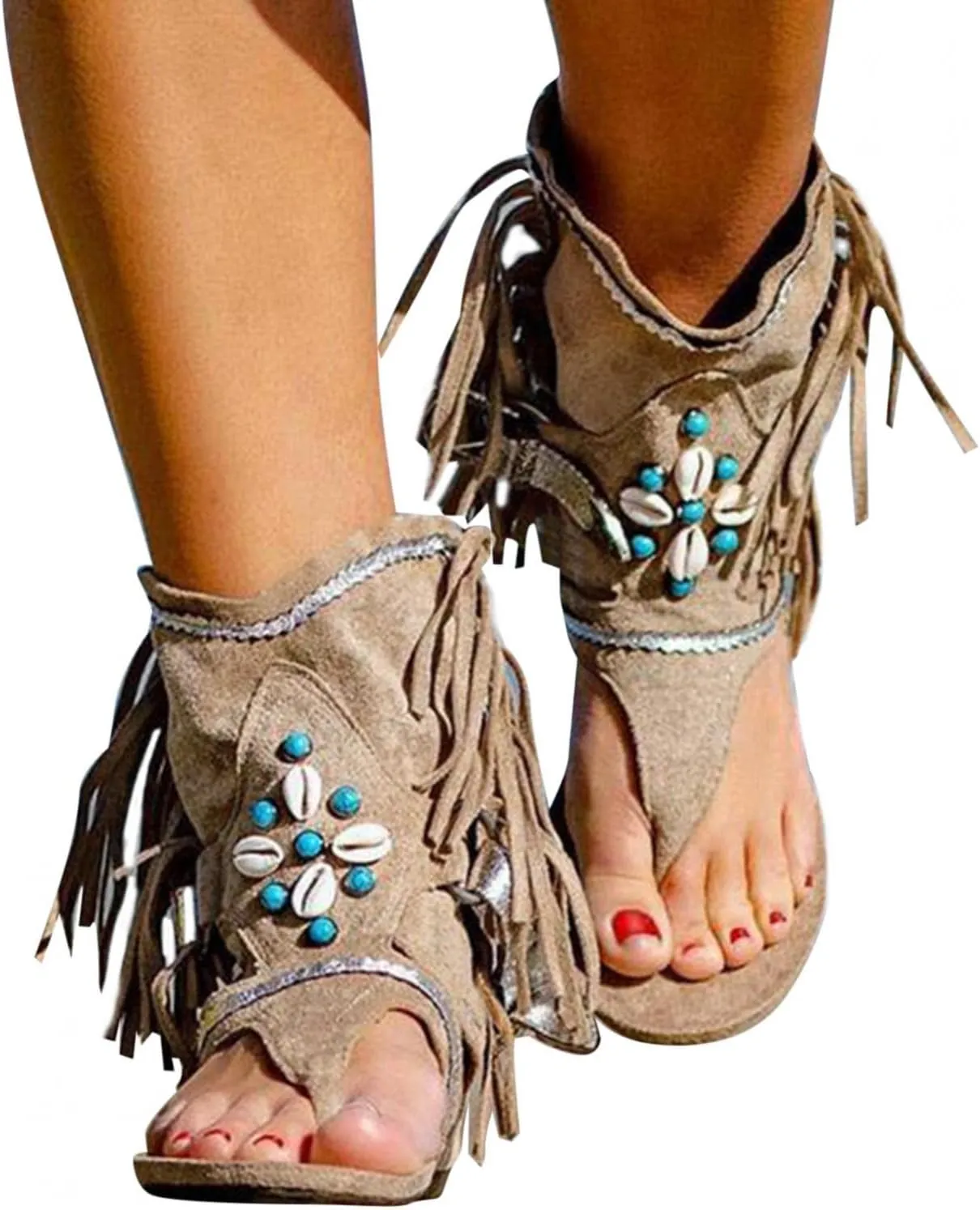 Hbeylia Sandals for Women Roman Retro Bohemian Bead Gladiator Fringe Tassel Casual Sandals Flat Clip Toe Ankle Boots T-Strap Summer Suede Tassel Flip Flop Flat Slippers