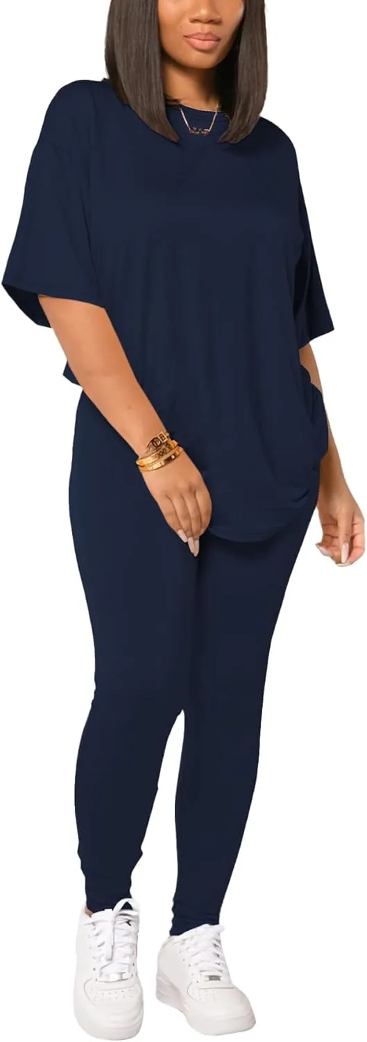 HBQ Women 2 Piece Outfits Summer Sweatsuits Drop Shoulder Tracksuits Biker Short Workout Jogger Sets