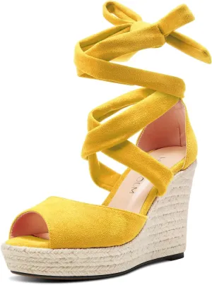 HDEUOLM Womens High Wedge Platform Heel Peep Open Toe Sandals Lace-up Prom Cute 3.9 Inches Heels