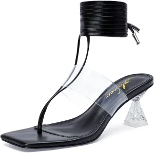 Heels for Women Square Open Toe Lace Up Thong Strappy Heel Sandals Sexy Tie Up Clear Chunky Heeled Sandals for Party Wedding