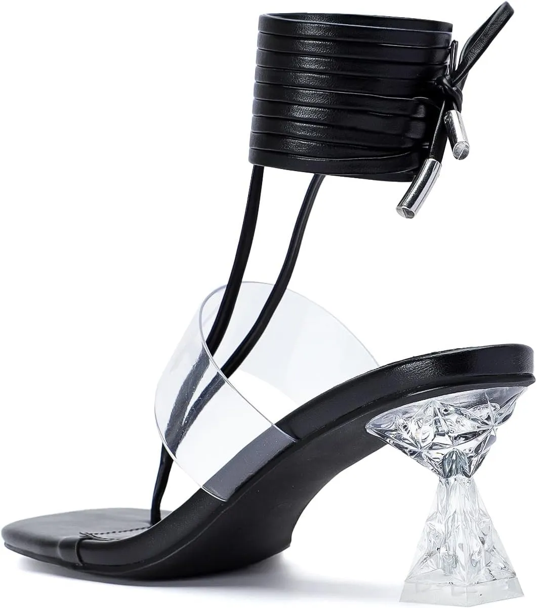 Heels for Women Square Open Toe Lace Up Thong Strappy Heel Sandals Sexy Tie Up Clear Chunky Heeled Sandals for Party Wedding