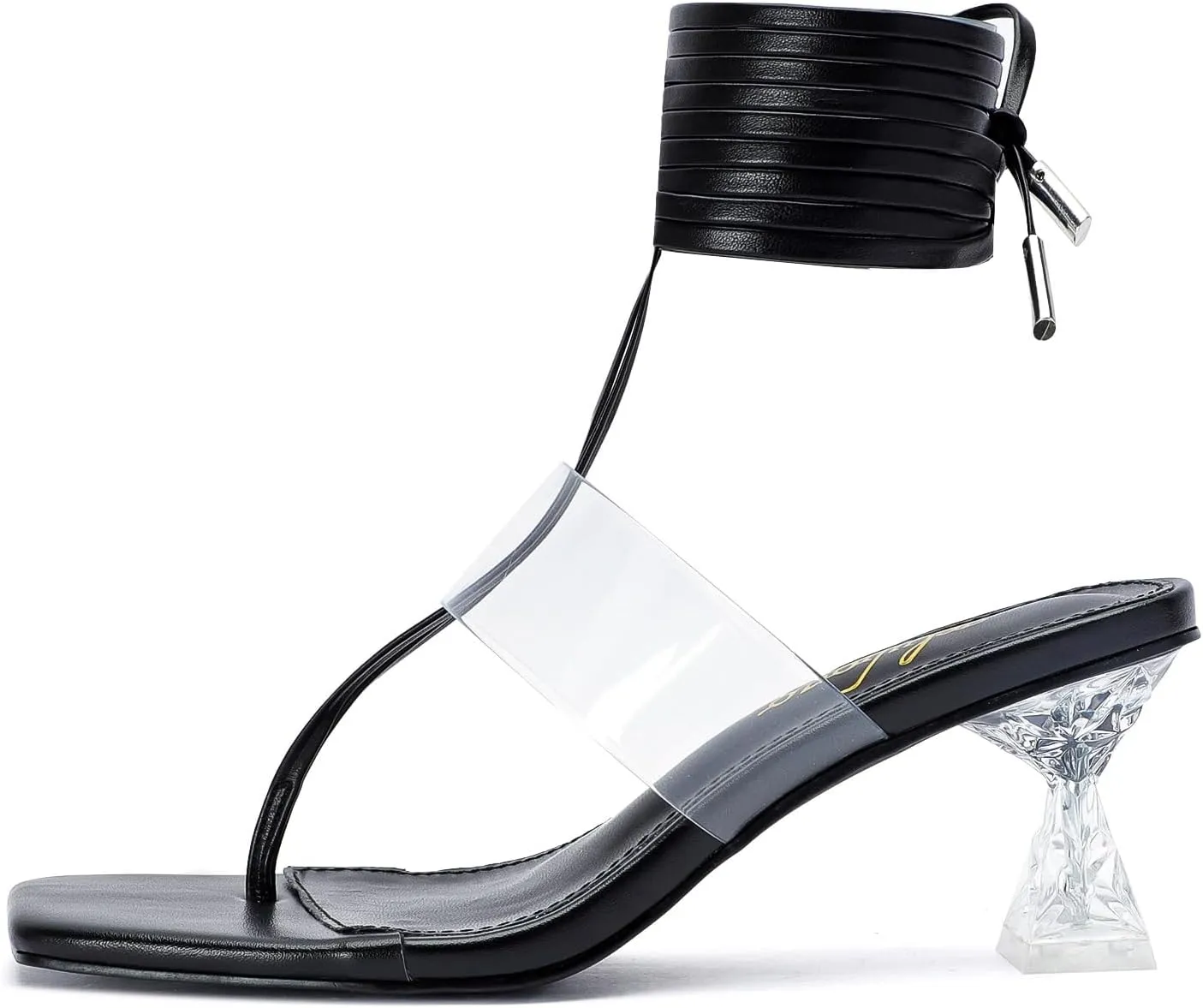 Heels for Women Square Open Toe Lace Up Thong Strappy Heel Sandals Sexy Tie Up Clear Chunky Heeled Sandals for Party Wedding