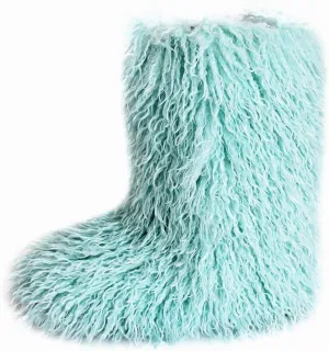 HINDOLA Womens Faux Fur Boots Plush Warm Snow Boots Fuzzy Fluffy Furry Round Toe Suede Boots Comfortable Winter Ankle Booties Anti Slip Outdoor Indoor Flat Shoes, 9, Bluish Green