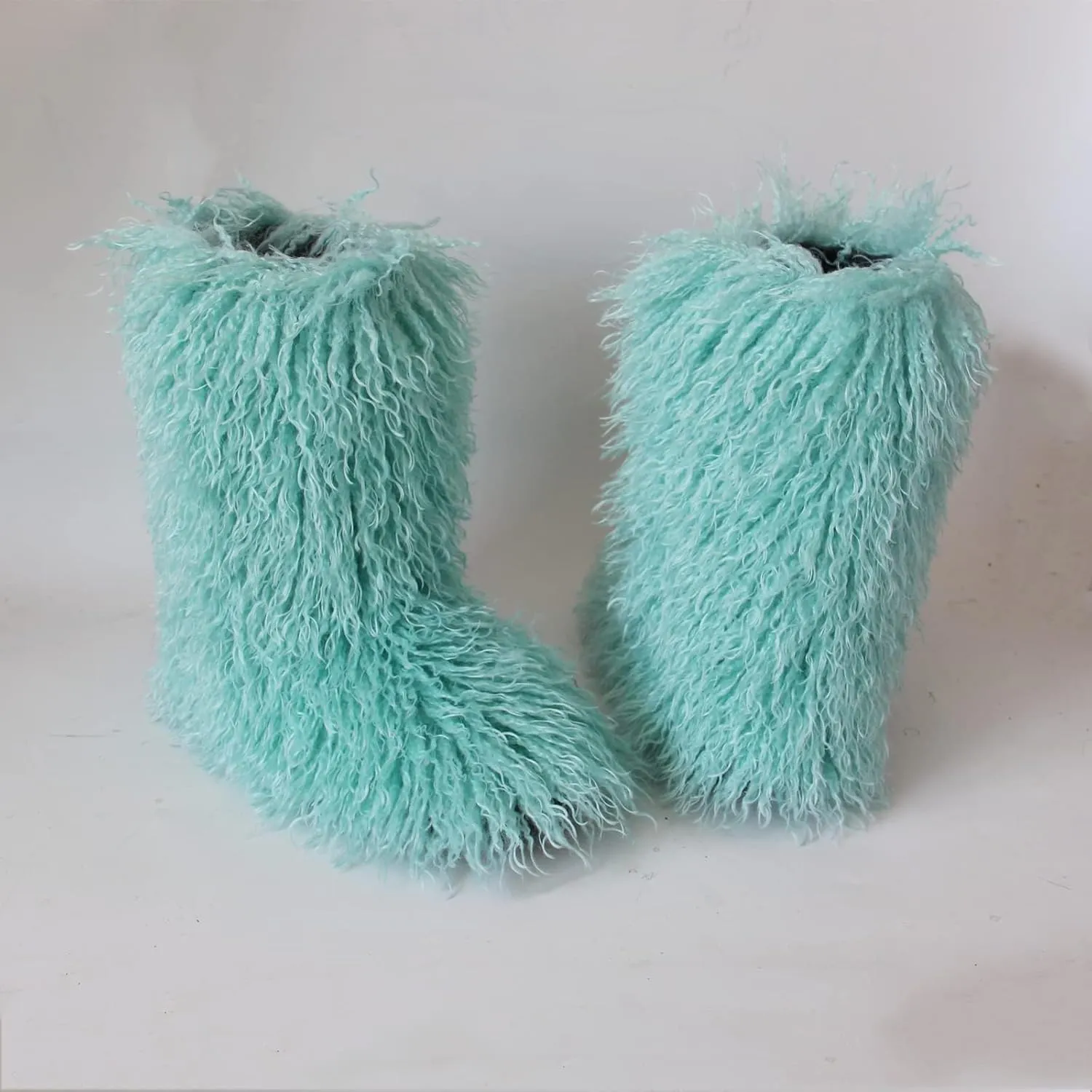 HINDOLA Womens Faux Fur Boots Plush Warm Snow Boots Fuzzy Fluffy Furry Round Toe Suede Boots Comfortable Winter Ankle Booties Anti Slip Outdoor Indoor Flat Shoes, 9, Bluish Green