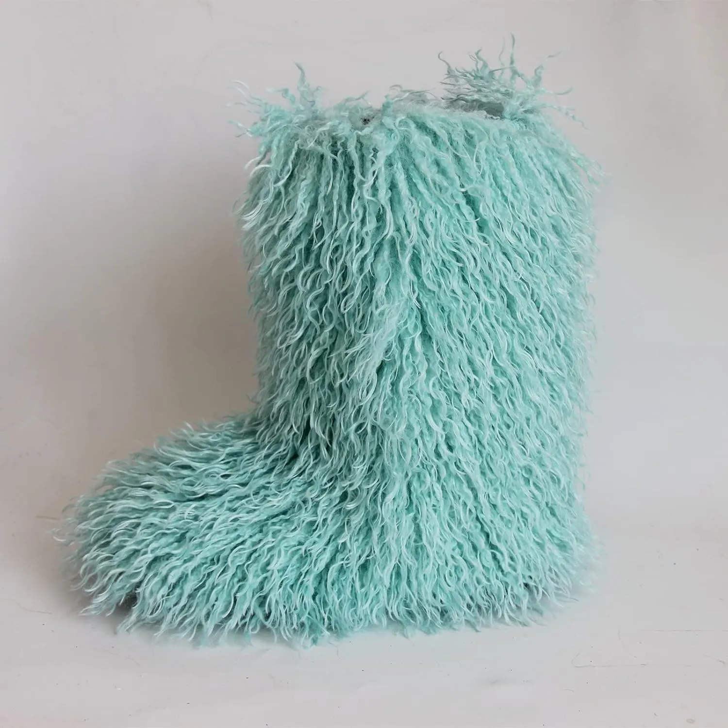 HINDOLA Womens Faux Fur Boots Plush Warm Snow Boots Fuzzy Fluffy Furry Round Toe Suede Boots Comfortable Winter Ankle Booties Anti Slip Outdoor Indoor Flat Shoes, 9, Bluish Green