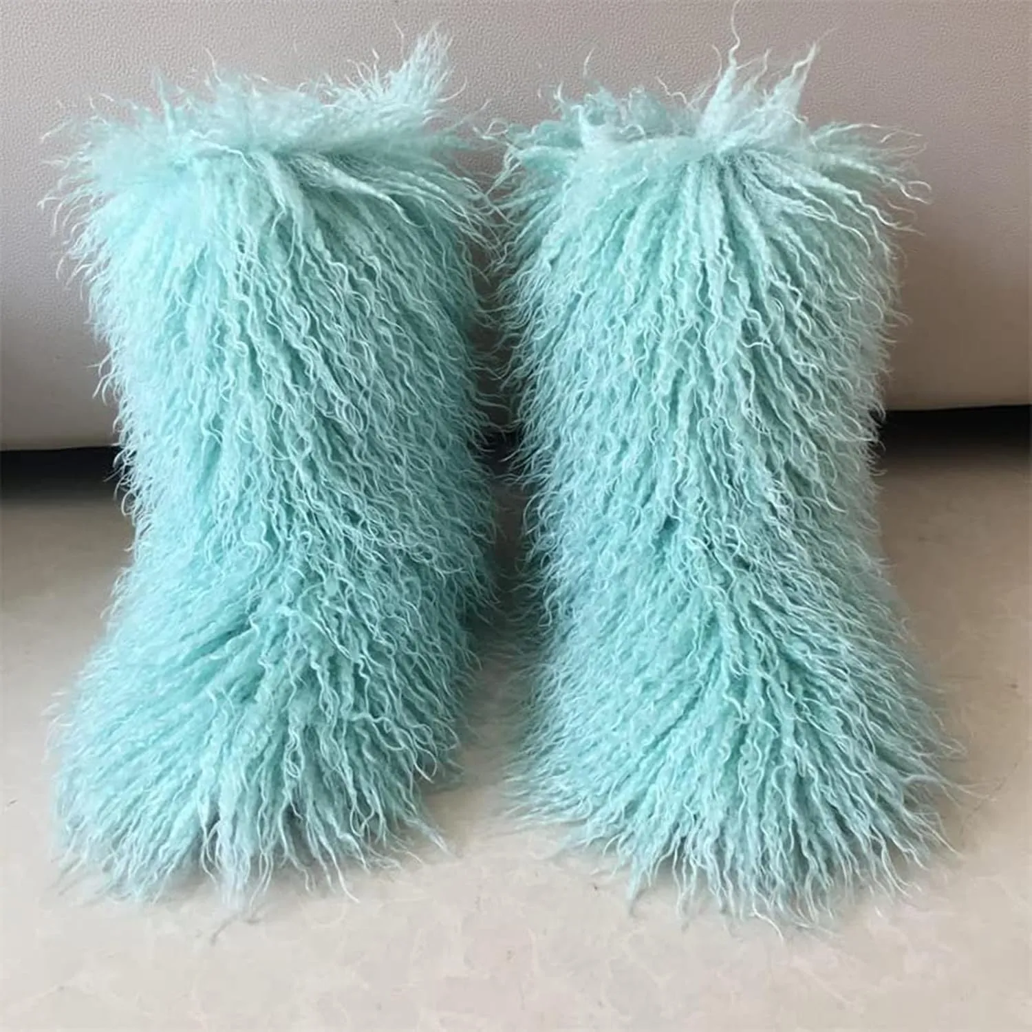 HINDOLA Womens Faux Fur Boots Plush Warm Snow Boots Fuzzy Fluffy Furry Round Toe Suede Boots Comfortable Winter Ankle Booties Anti Slip Outdoor Indoor Flat Shoes, 9, Bluish Green