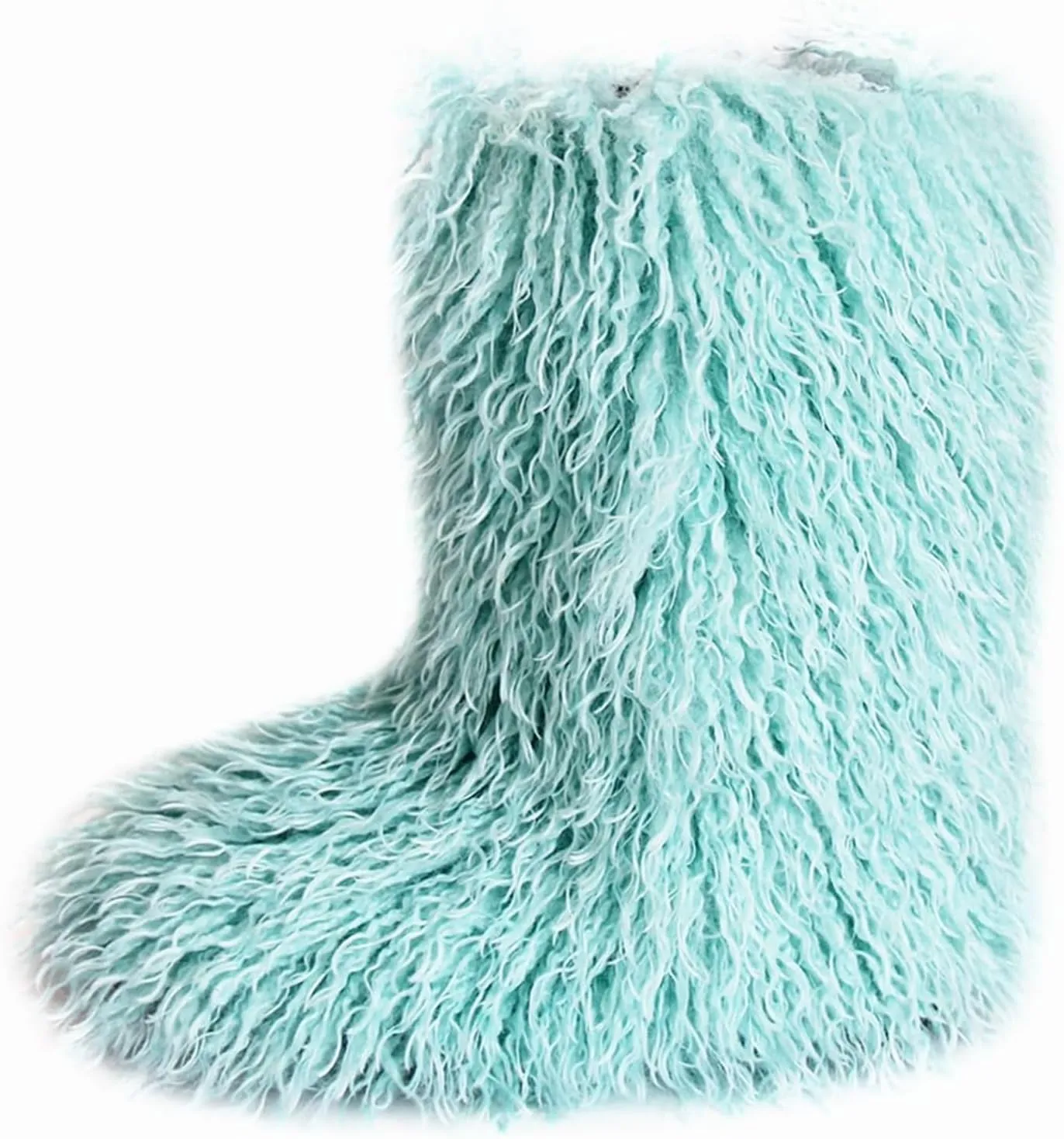 HINDOLA Womens Faux Fur Boots Plush Warm Snow Boots Fuzzy Fluffy Furry Round Toe Suede Boots Comfortable Winter Ankle Booties Anti Slip Outdoor Indoor Flat Shoes, 9, Bluish Green