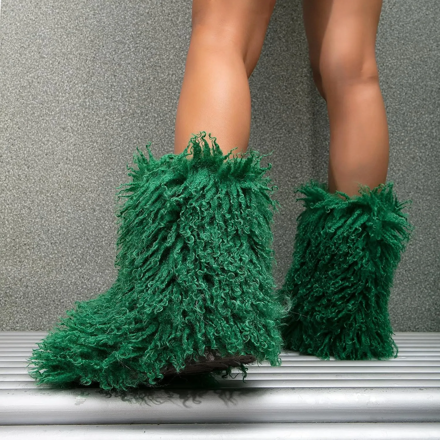 HINDOLA Womens Faux Fur Boots Plush Warm Snow Boots Fuzzy Fluffy Furry Round Toe Suede Boots Comfortable Winter Ankle Booties Anti Slip Outdoor Indoor Flat Shoes, 9, Green