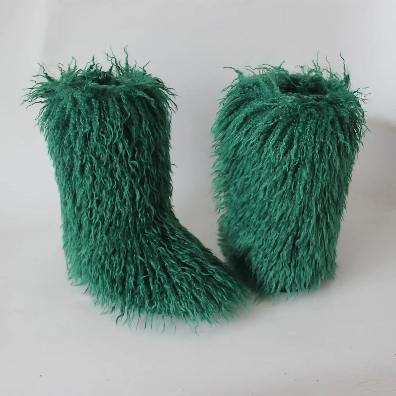 HINDOLA Womens Faux Fur Boots Plush Warm Snow Boots Fuzzy Fluffy Furry Round Toe Suede Boots Comfortable Winter Ankle Booties Anti Slip Outdoor Indoor Flat Shoes, 9, Green