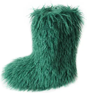HINDOLA Womens Faux Fur Boots Plush Warm Snow Boots Fuzzy Fluffy Furry Round Toe Suede Boots Comfortable Winter Ankle Booties Anti Slip Outdoor Indoor Flat Shoes, 9, Green