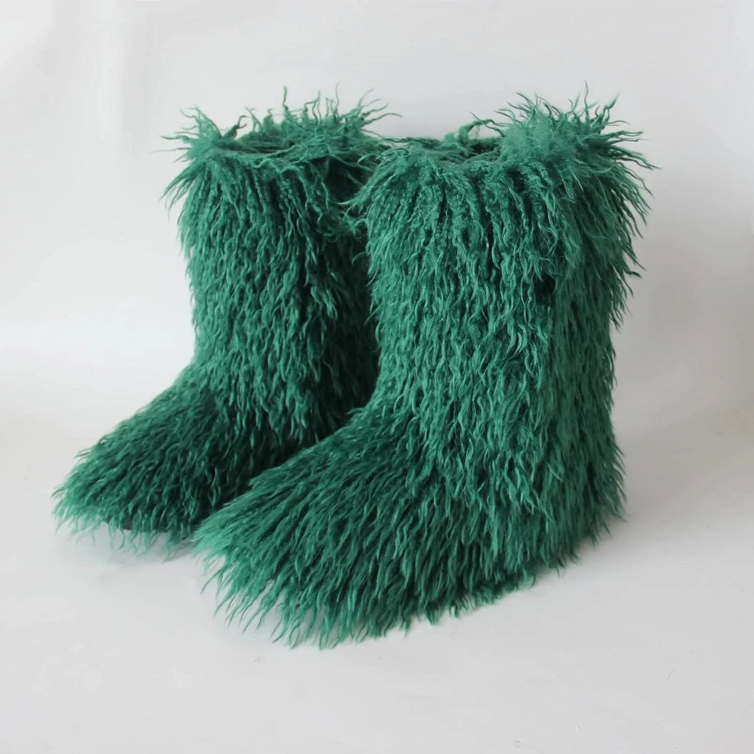 HINDOLA Womens Faux Fur Boots Plush Warm Snow Boots Fuzzy Fluffy Furry Round Toe Suede Boots Comfortable Winter Ankle Booties Anti Slip Outdoor Indoor Flat Shoes, 9, Green