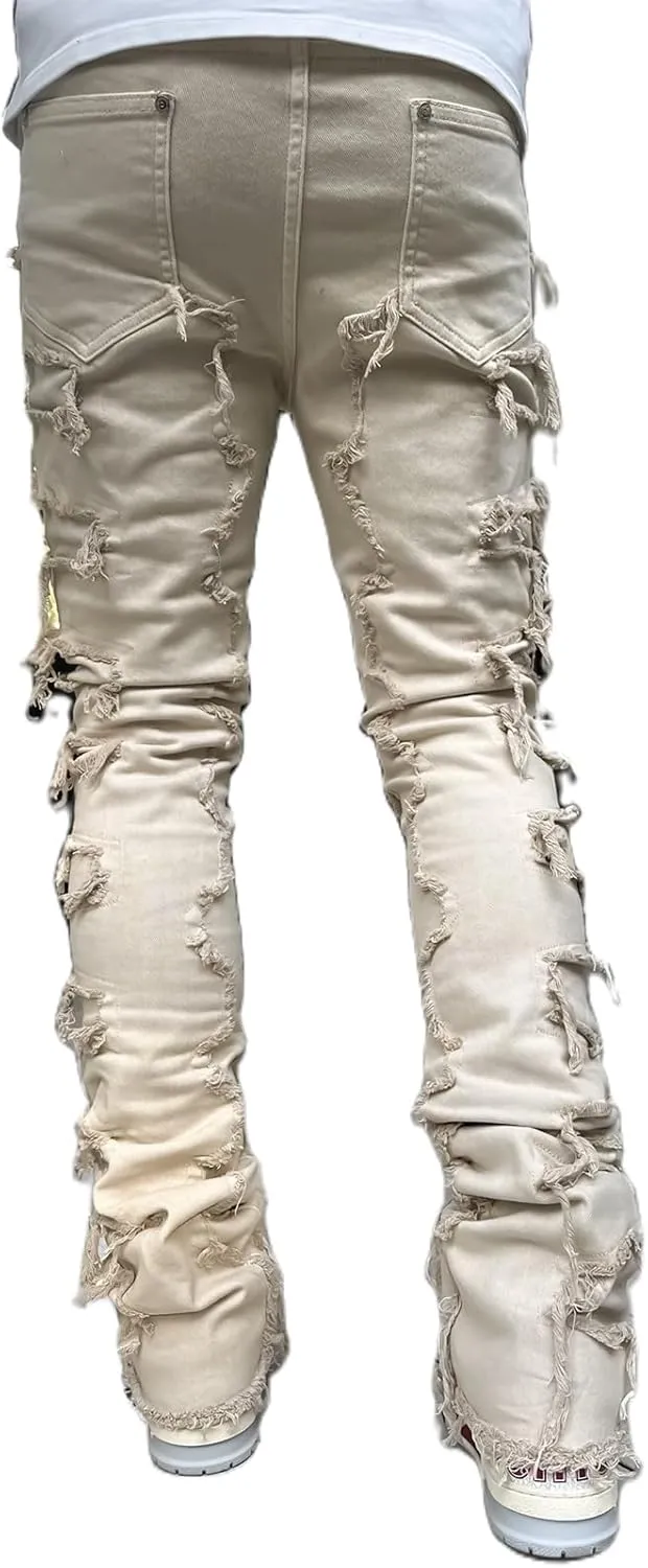 Hulpvktsgiq Men's Regular Fit Stacked Jeans Patch Ripped Skinny Distressed Destroyed Straight Denim Pants Streetwear Clothes