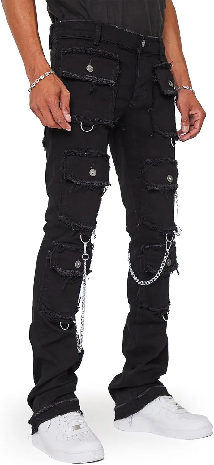 Hulpvktsgiq Men's Regular Fit Stacked Jeans Patch Ripped Skinny Distressed Destroyed Straight Denim Pants Streetwear Clothes