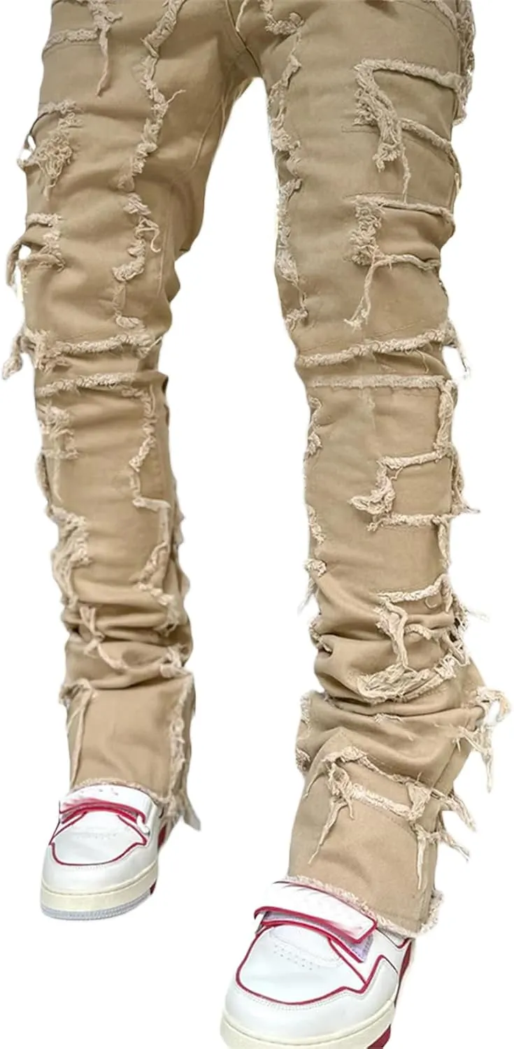 Hulpvktsgiq Men's Regular Fit Stacked Jeans Patch Ripped Skinny Distressed Destroyed Straight Denim Pants Streetwear Clothes