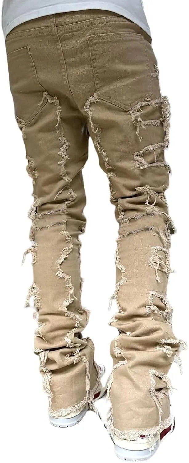 Hulpvktsgiq Men's Regular Fit Stacked Jeans Patch Ripped Skinny Distressed Destroyed Straight Denim Pants Streetwear Clothes
