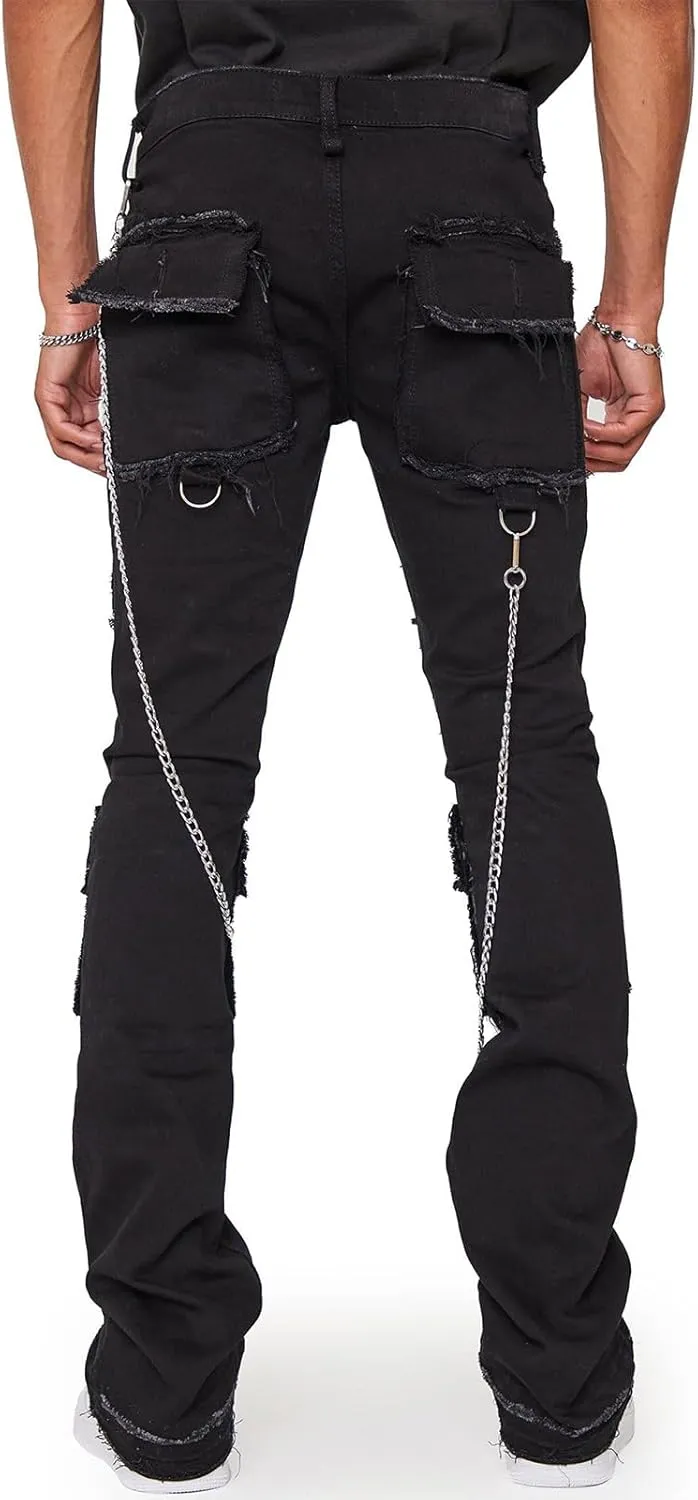 Hulpvktsgiq Men's Regular Fit Stacked Jeans Patch Ripped Skinny Distressed Destroyed Straight Denim Pants Streetwear Clothes