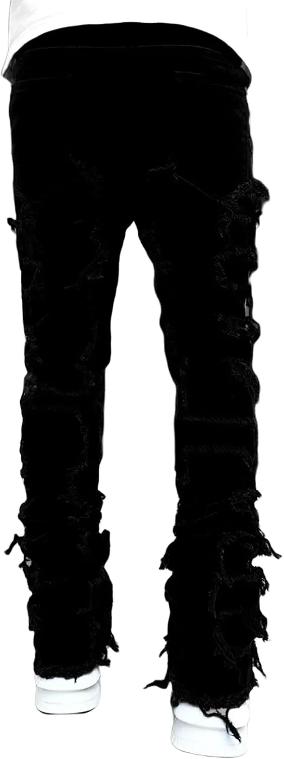 Hulpvktsgiq Men's Regular Fit Stacked Jeans Patch Ripped Skinny Distressed Destroyed Straight Denim Pants Streetwear Clothes