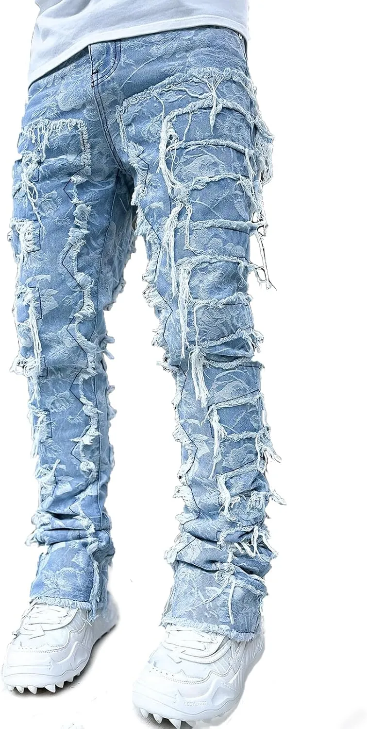 Hulpvktsgiq Men's Regular Fit Stacked Jeans Patch Ripped Skinny Distressed Destroyed Straight Denim Pants Streetwear Clothes