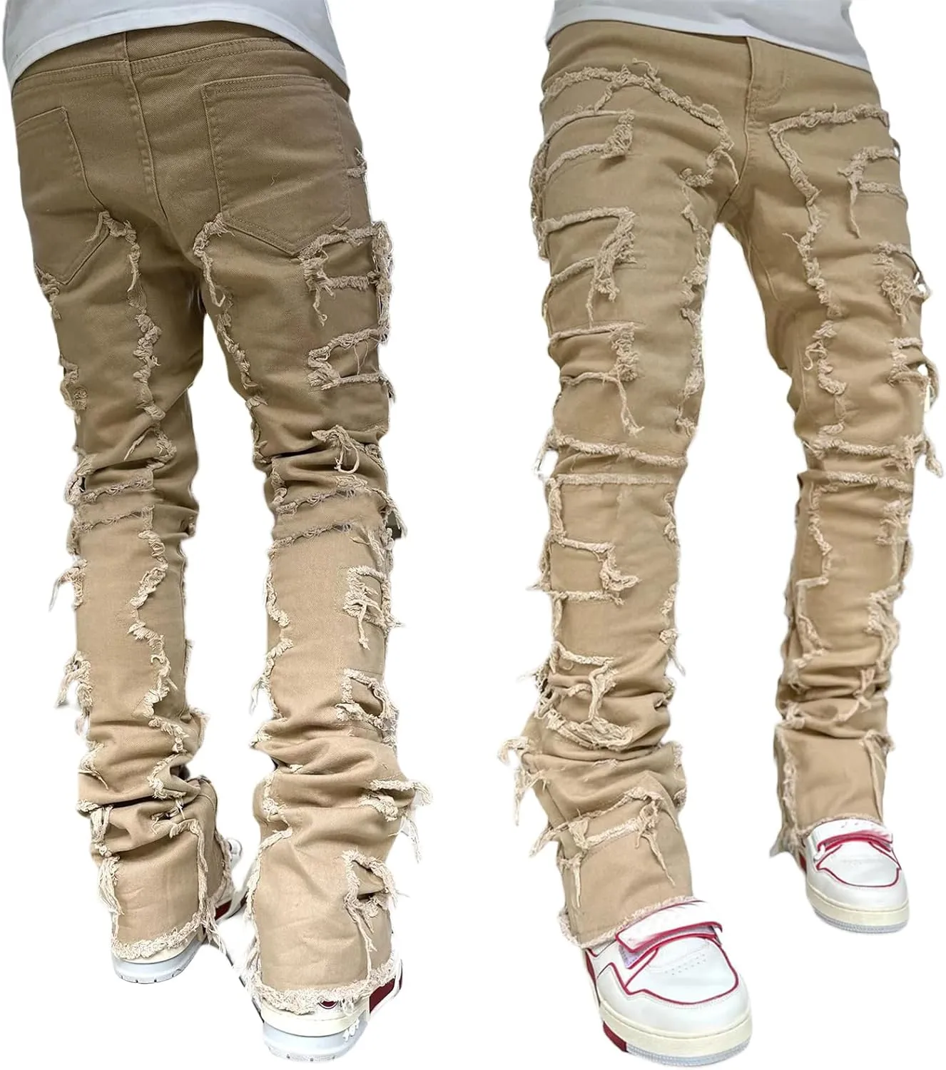 Hulpvktsgiq Men's Regular Fit Stacked Jeans Patch Ripped Skinny Distressed Destroyed Straight Denim Pants Streetwear Clothes