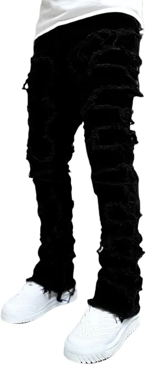 Hulpvktsgiq Men's Regular Fit Stacked Jeans Patch Ripped Skinny Distressed Destroyed Straight Denim Pants Streetwear Clothes