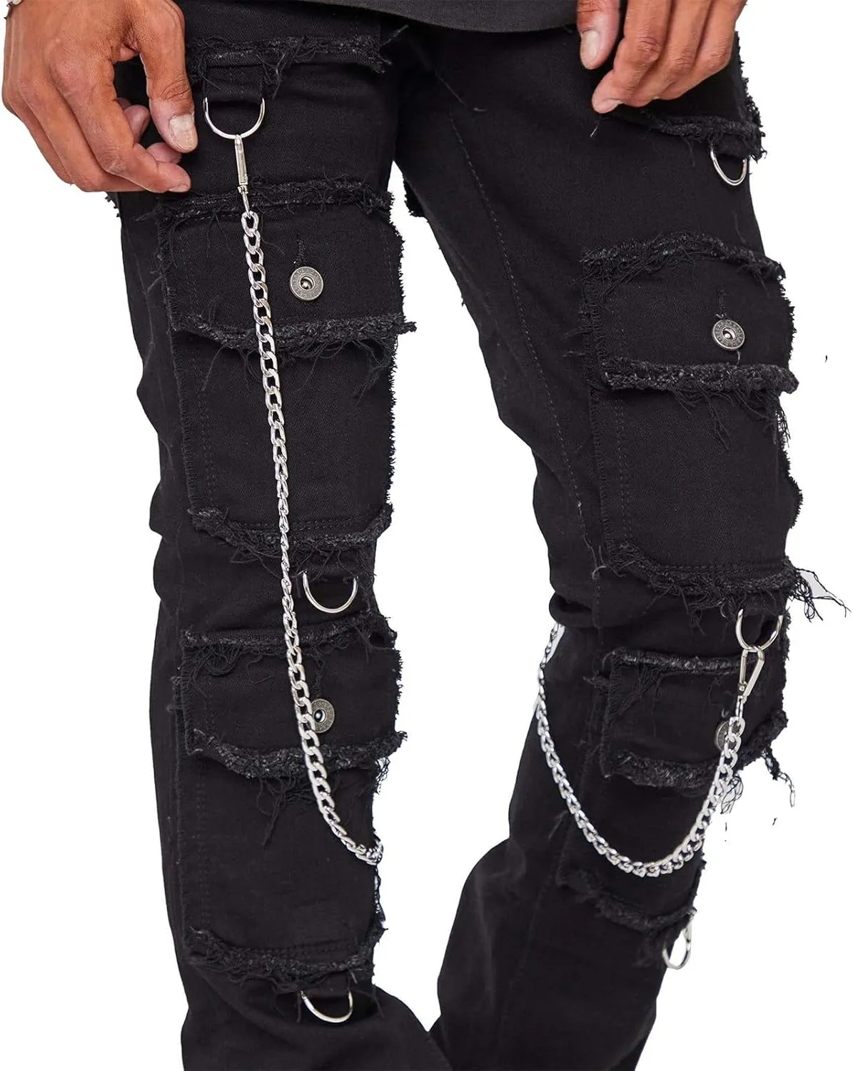 Hulpvktsgiq Men's Regular Fit Stacked Jeans Patch Ripped Skinny Distressed Destroyed Straight Denim Pants Streetwear Clothes