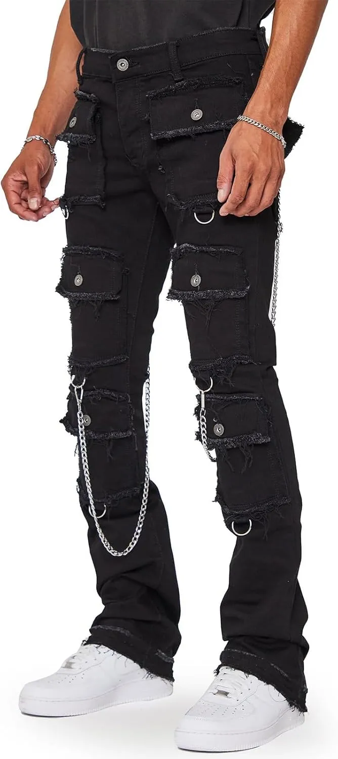 Hulpvktsgiq Men's Regular Fit Stacked Jeans Patch Ripped Skinny Distressed Destroyed Straight Denim Pants Streetwear Clothes