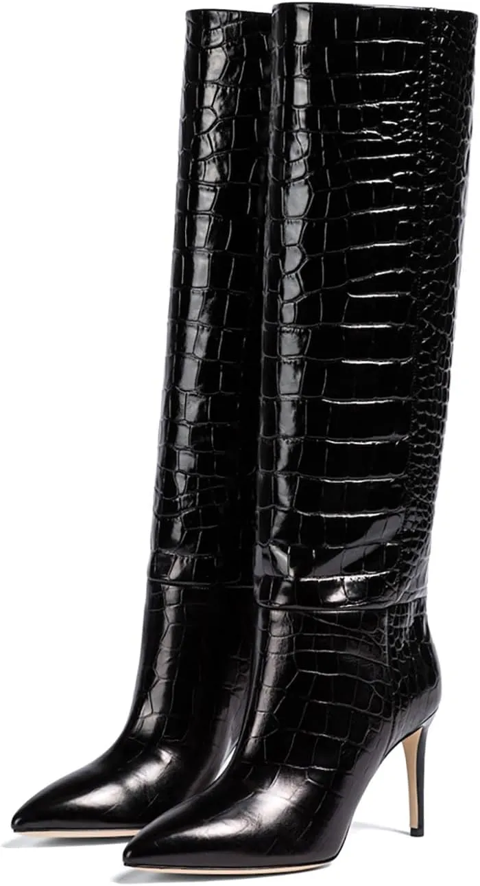 iadore Women Fashion Stiletto High Heel Boots Crocodile Pattern Sexy Pointed Toe Zipper Chic Knee High Boots