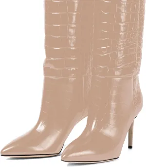 iadore Women Fashion Stiletto High Heel Boots Crocodile Pattern Sexy Pointed Toe Zipper Chic Knee High Boots