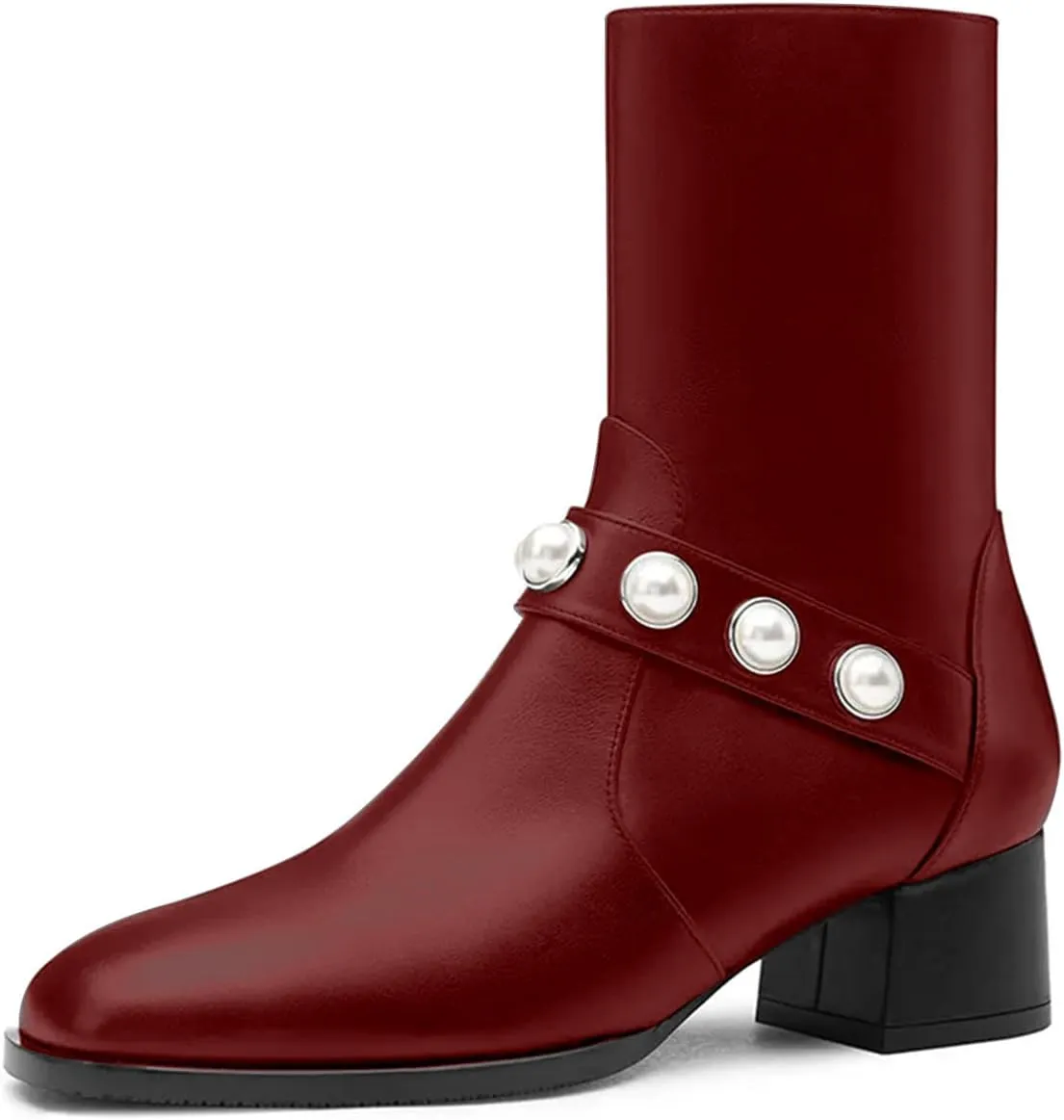 iadore Women's Ankle Boots, 1.8'' Round Toe Pearl Studded Strap Mid Chunky Heel Side Zipper Soft Boots for Casual Date Fall Winter