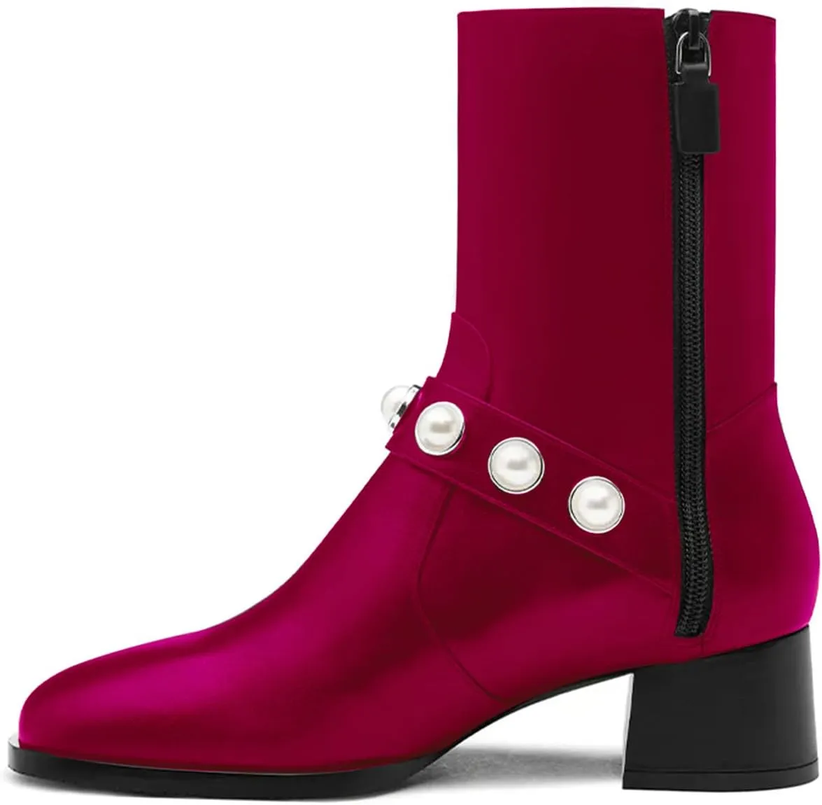 iadore Women's Ankle Boots, 1.8'' Round Toe Pearl Studded Strap Mid Chunky Heel Side Zipper Soft Boots for Casual Date Fall Winter